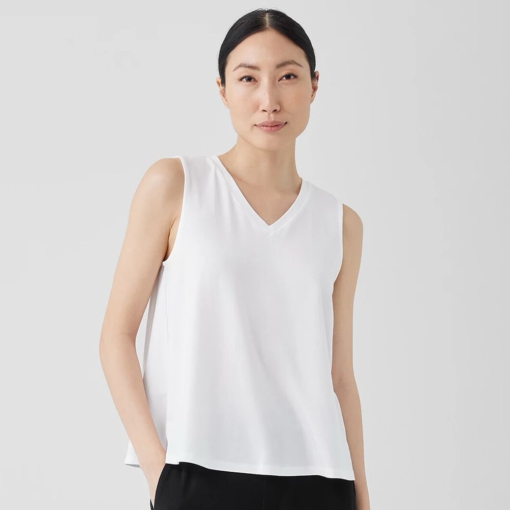 EILEEN FISHER NWT XL Stretch Jersey Knit V-Neck Tank in White • Sleeveless Top